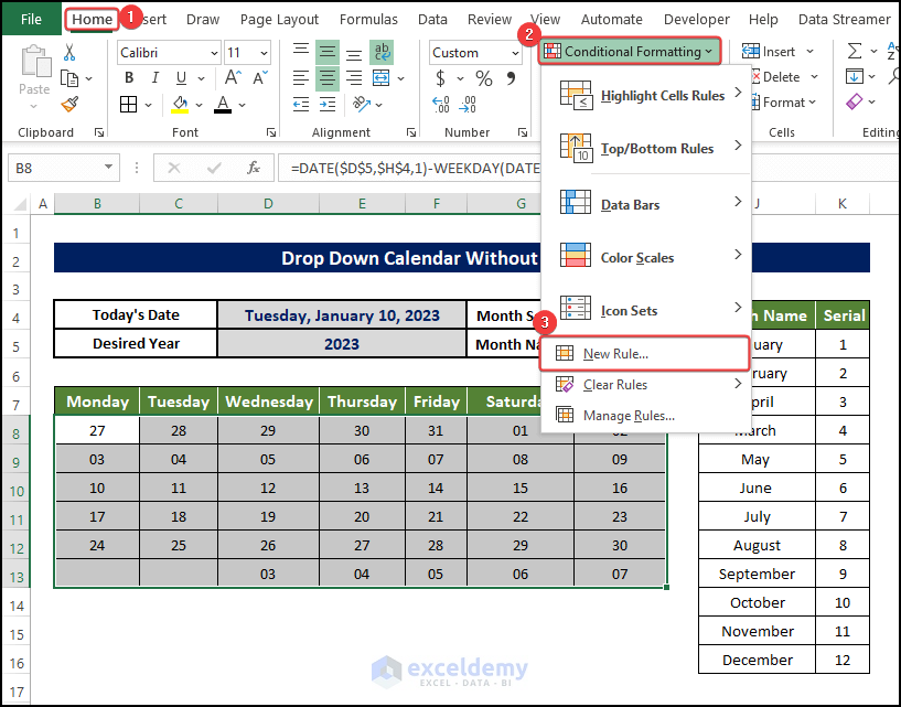 Condinational formatting using to insert drop down calendar in the workbook with date picker