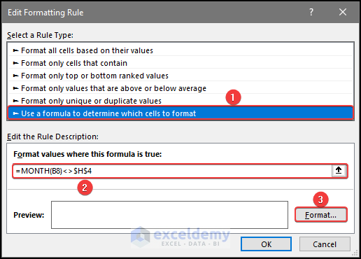 Condition setting on the conditional formatting window