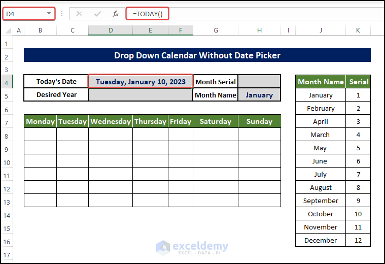 Formulize Calendar Outline to insert drop down calendar in excel without date picker