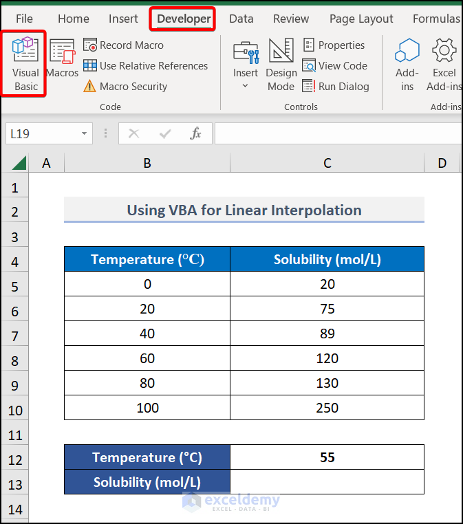 Opening Developer tab for linear interpolation Excel VBA