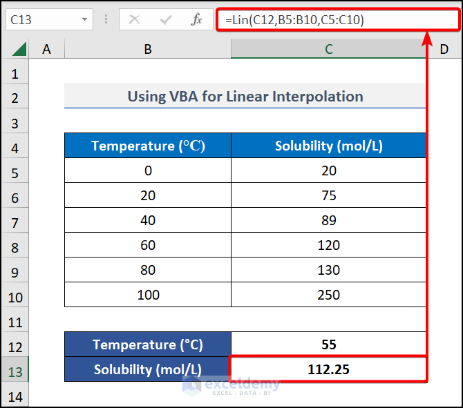 Using Custom Function for linear interpolation Excel VBA