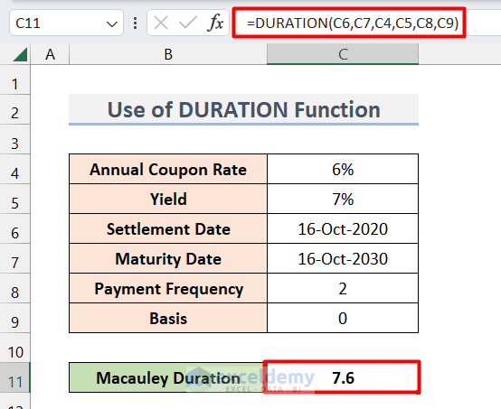Use of DURATION Function to Calculate Macaulay Duration Formula