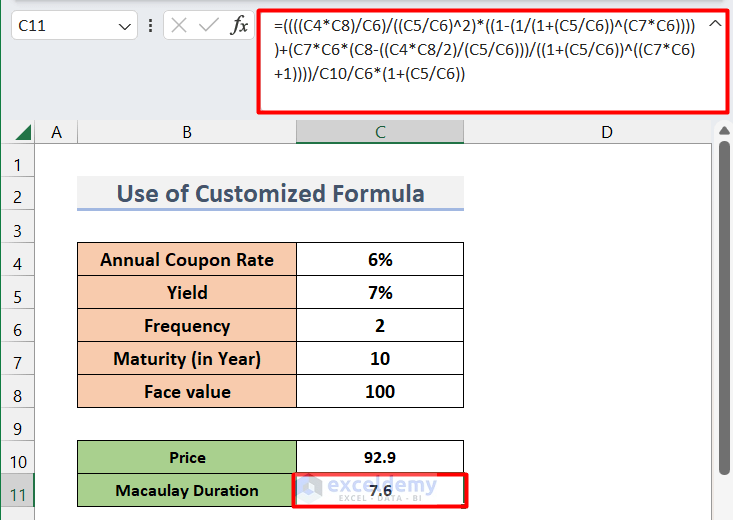 Application of Customized Formula to Calculate Macaulay Duration in Excel