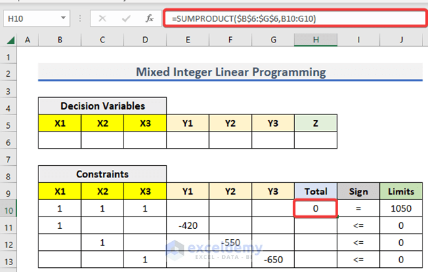 Total calculation mixed integer linear programming excel