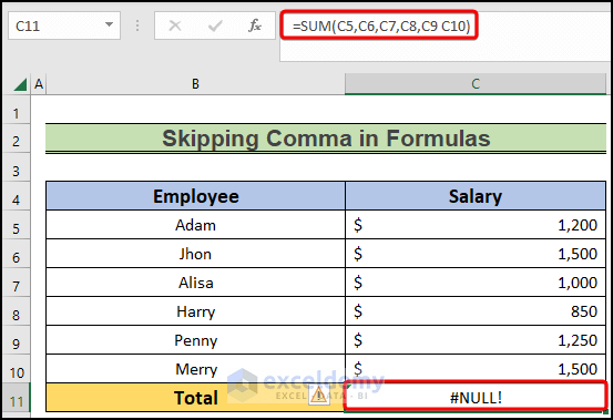 null error in excel from missing skipping commas in formulas