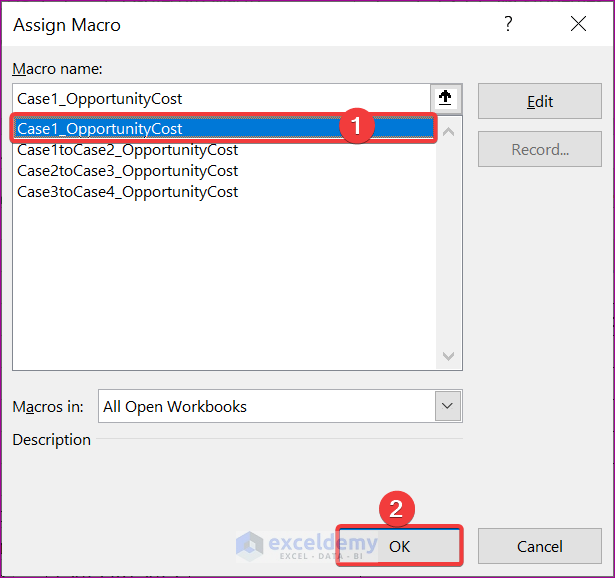 selecting the intended sub-procedure from the Assign Macro window