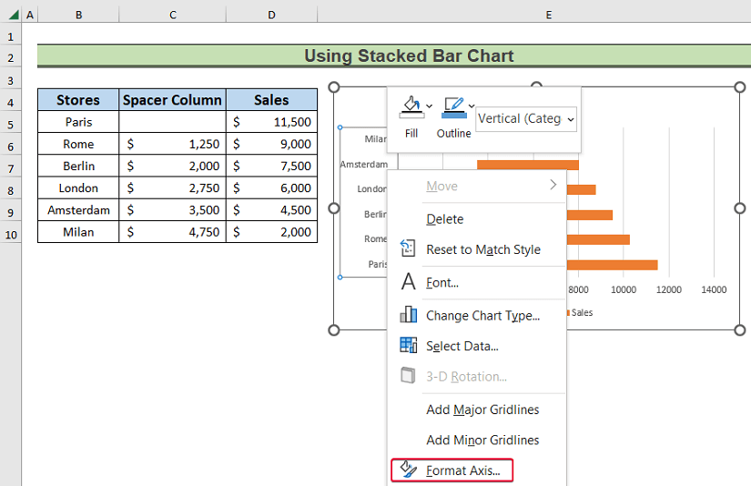 using stacked column chart to create a pipeline chart in Excel