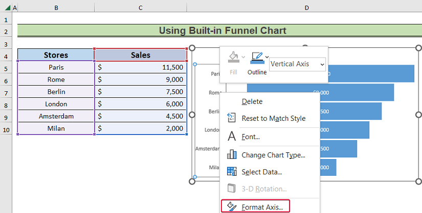 using built-in funnel chart to create a pipeline chart in Excel