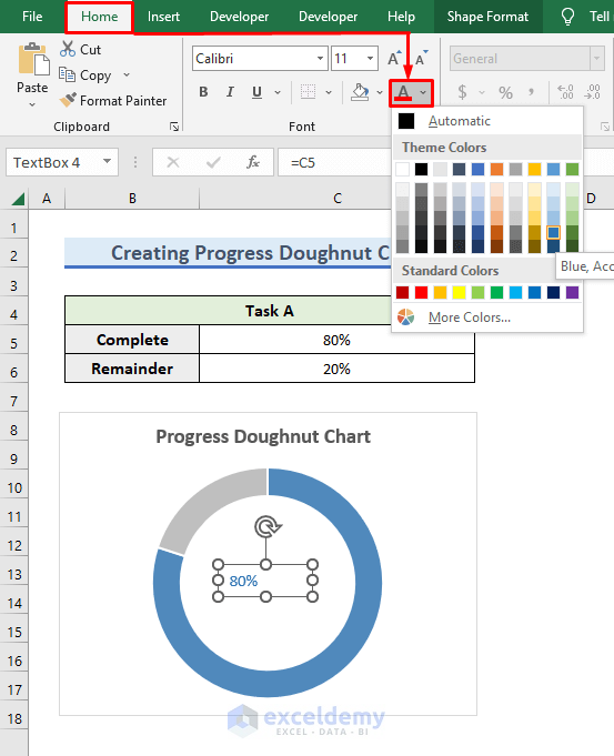 Modify color of the text of TextBox of Progress Doughnut Chart in Excel