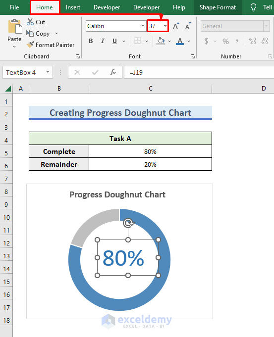Modify the text size of the text of TextBox of Progress Doughnut Chart in Excel
