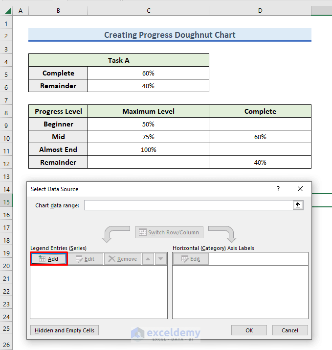 Insertion of modified dataset to progress doughnut chart in excel