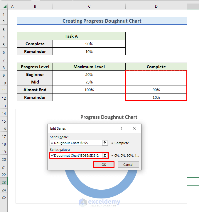 Insertion of modified dataset to progress doughnut chart in excel