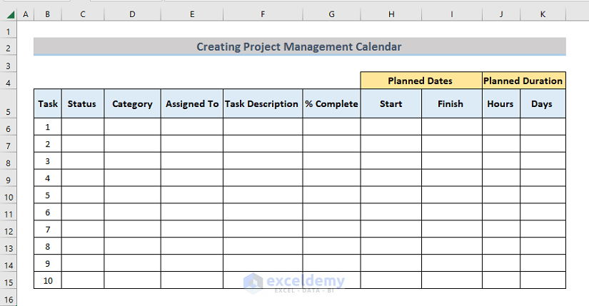 project management calendar excel