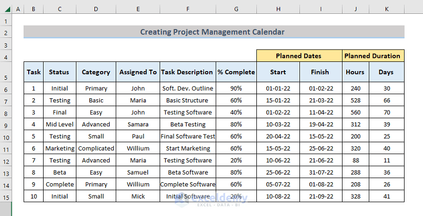 project management calendar excel final output