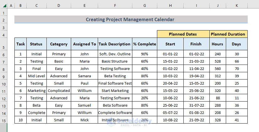 How to Create Project Management Calendar in Excel - ExcelDemy