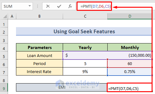 Using the PMT function in Excel to find out EMI