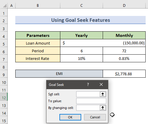 Applying Goal seek feature to create reverse EMI calculator in Excel