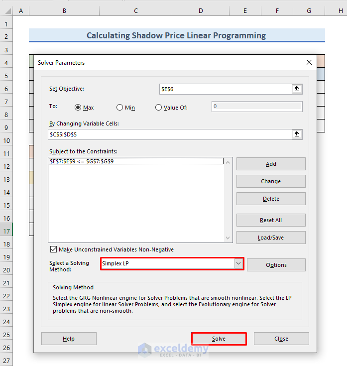 Selecting Simplex LP as Solving Method to Calculate Shadow Price in Excel