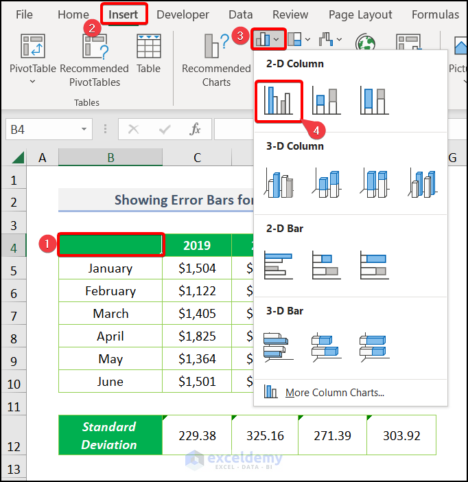 Insert Bar Chart to show standard deviation error bars in excel