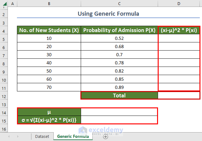 Creating Outline to Use Generic Formula to Calculate Standard Deviation of Probability Distribution