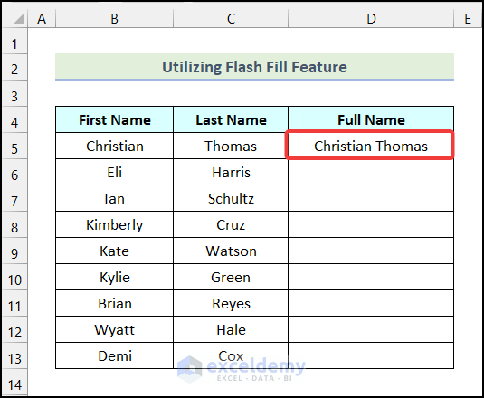 Utilizing Flash Fill Feature to join text in Excel