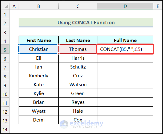 Using CONCAT Function to join text in Excel