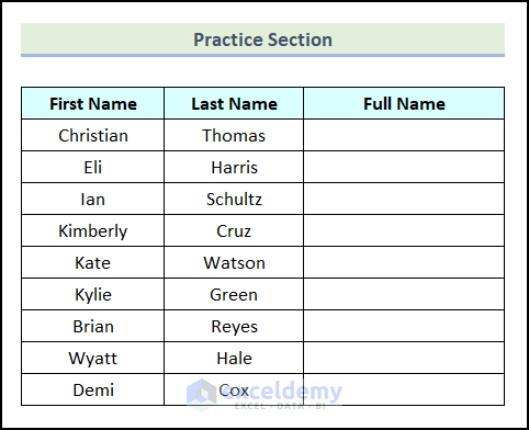 practice section to join text in Excel