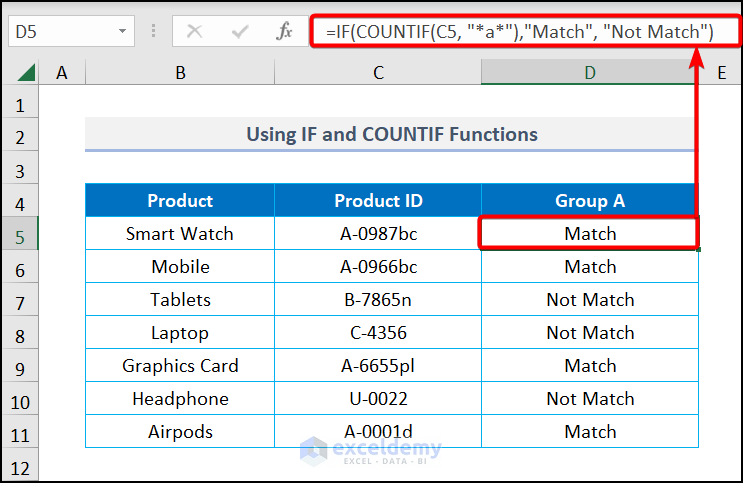 Using IF and COUNTIF functions to use wildcard in IF statement in Excel