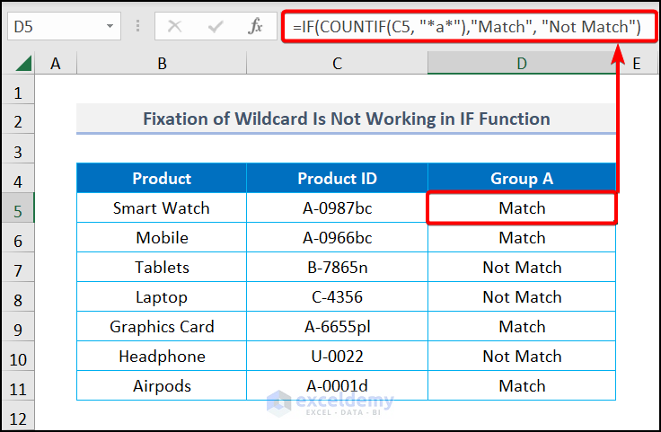 Fixation of Wildcard is not working in the IF statement in Excel