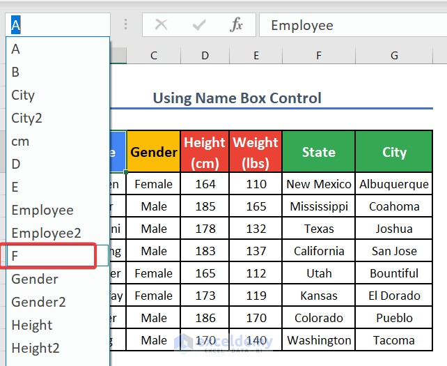selecting "F" from the Name Box drop-down list