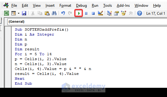 Running VBA code for adding Text Prefix