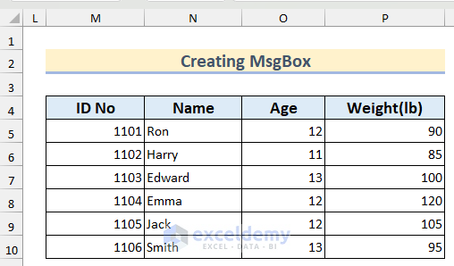 Dataset to create VBA MsgBox