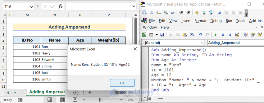 Overview image of Adding Ampersand Between Variables to Show Multiple Variables in VBA MsgBox