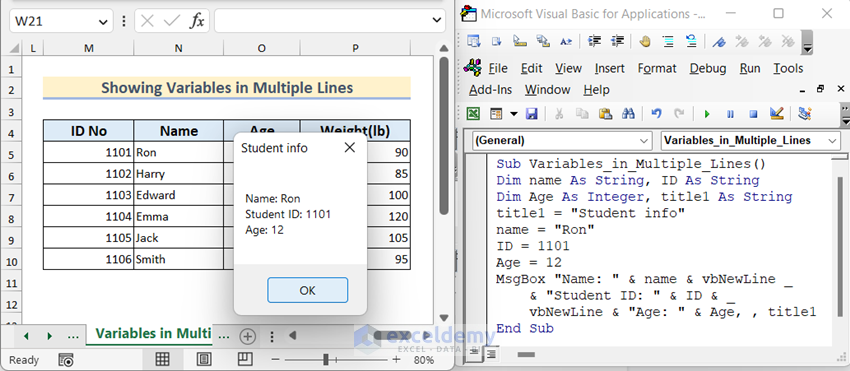 Overview image of Creating VBA Msgbox with Multiple Variables in Multiple Lines