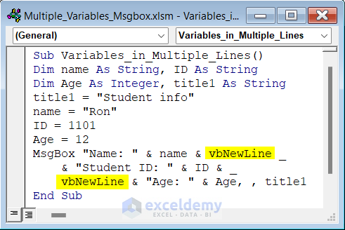 VBA code to show Multiple Variables in Multiple Lines