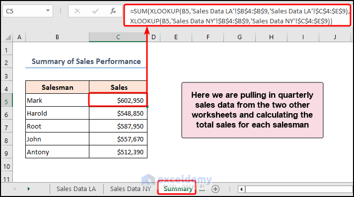 Applying sumif and xlookup function to get the sum of sales from multiple sheets