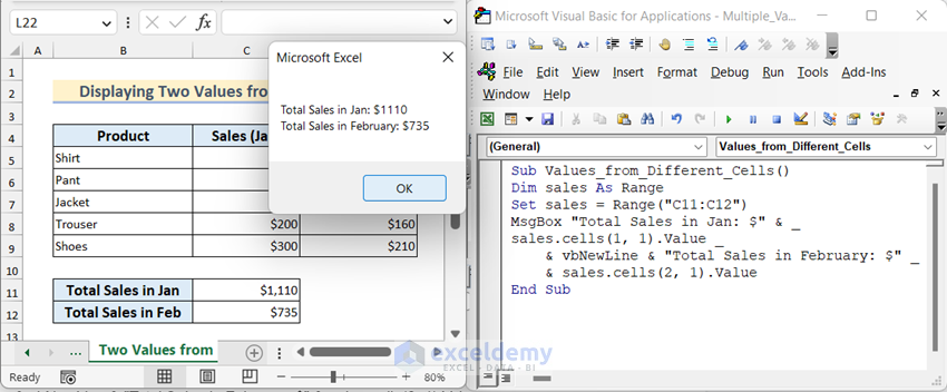 Overview image of Displaying Two Values from Different Cells Using VBA MsgBox in Excel