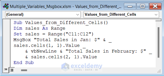 Code to Display Two Values from Different Cells in VBA MsgBox