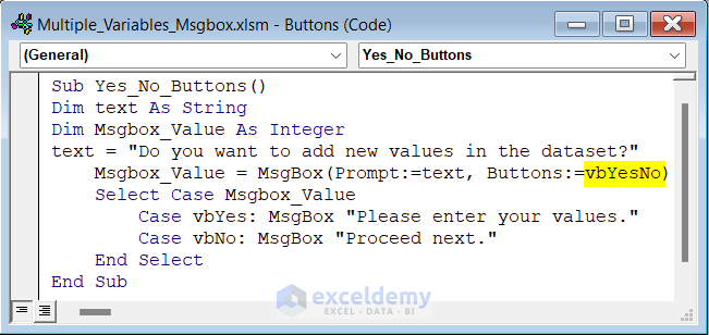 Code to add buttons in VBA Msgbox