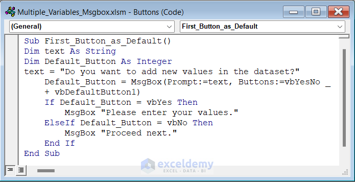 Code to add default buttons in MsgBox