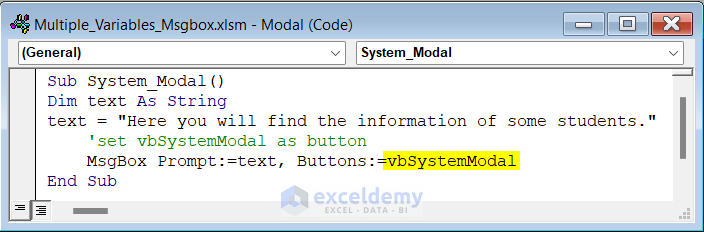 Code to set System modal VBA MsgBox