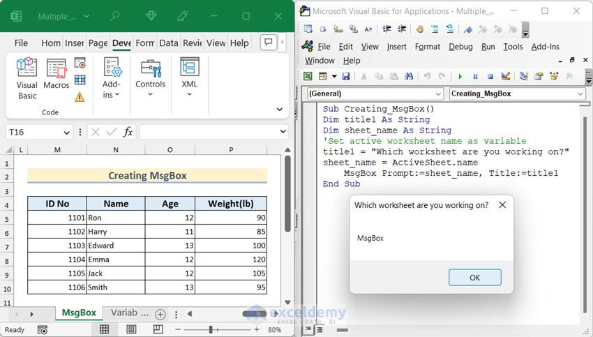 Overview image of creating MsgBox using VBA in Excel