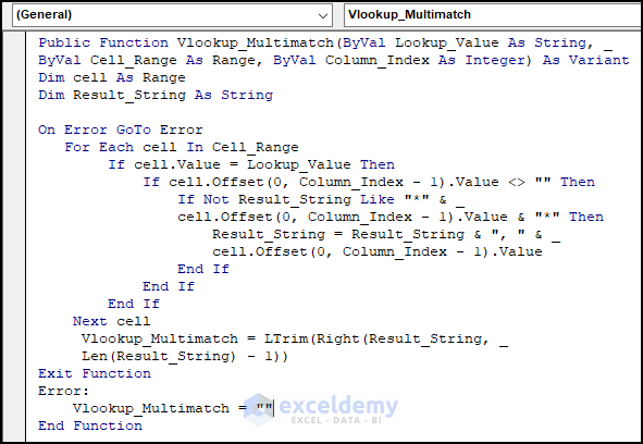 VBA code image to vlookup multiple values from the dataset using user defined function
