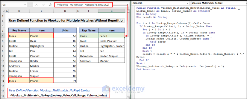 final image of VBA code to vlookup multiple values without repetition using user defined function