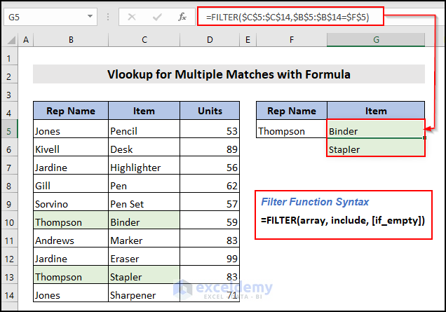 Vlookup for Multiple Matches with Formula in Excel
