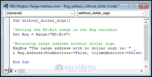 VBA code for displaying range address with no dollar sign