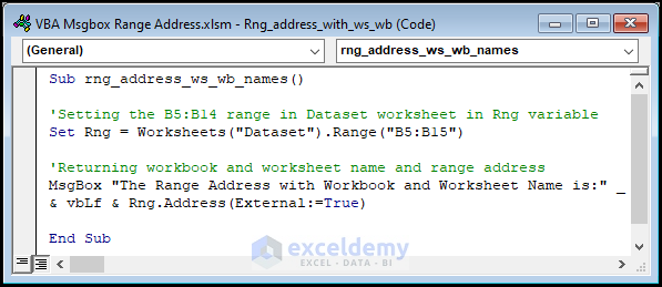 VBA code for displaying range address with workbook and worksheet names.