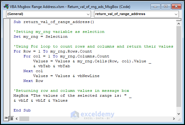 VBA code for displaying the values instead of range address.
