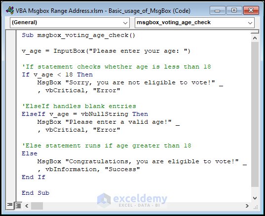VBA code for basic usage of MsgBox