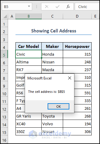 MsgBox showing the cell address of the selected cell